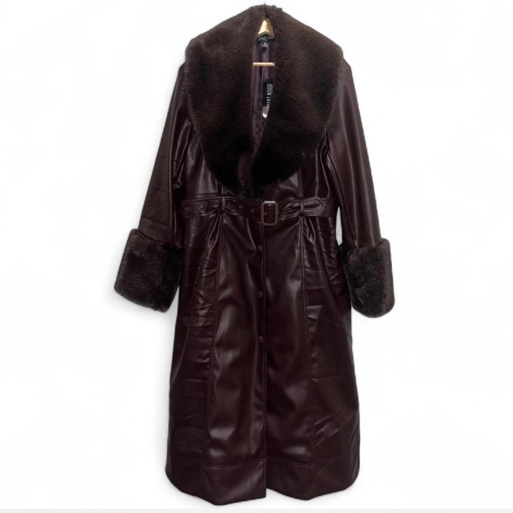 NWT Current Mood Plus Size 1x Brown Faux Fur Vegan Leather Trench Coat